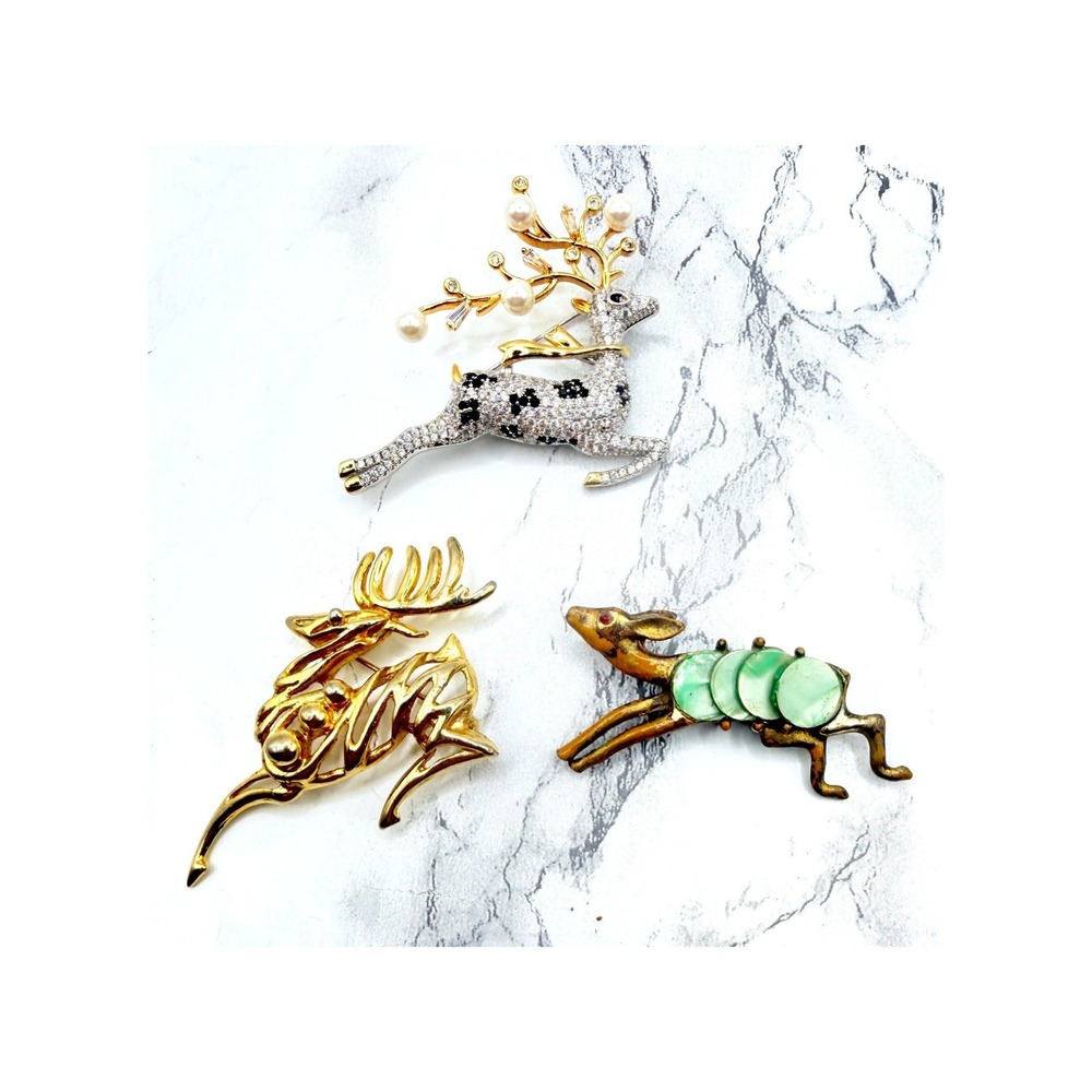 Christmas Reindeer Brooch Lot of 3 Rhinestone Pearl Green Gold Silver Tone